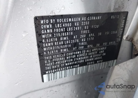 2012 Volkswagen Tiguan S from USA, damaged, VIN WVGBV7AX4CW591008
